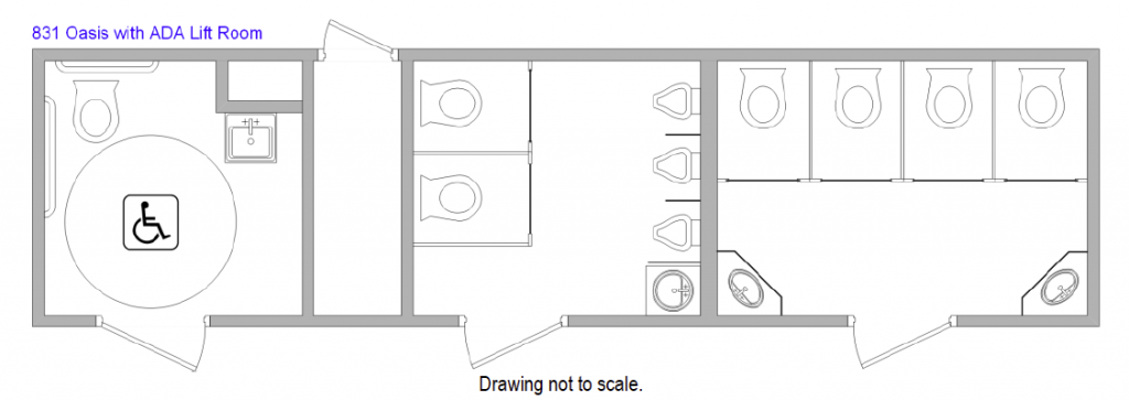 Floor plan for our luxury 10-Station restroom trailer rental.