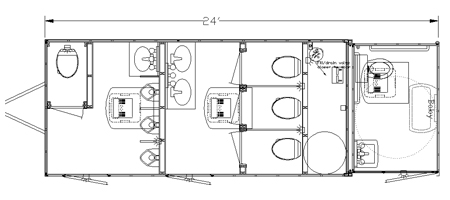 See the floor plan on our 8-Station ADA mobile restroom trailer rental.