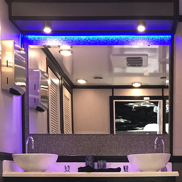 10-Station VIP Restroom Trailer - Women's Vanity Sink Mirrors - Restroom and Shower Trailer for Rent