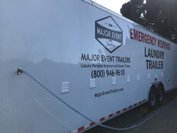 Mobile Laundry Trailer Rental - We rent this Portable Laundry Trailer, with 8 Washers & Dryer Sets stacked and easy to use, often for Emergency Response / Disaster Relief