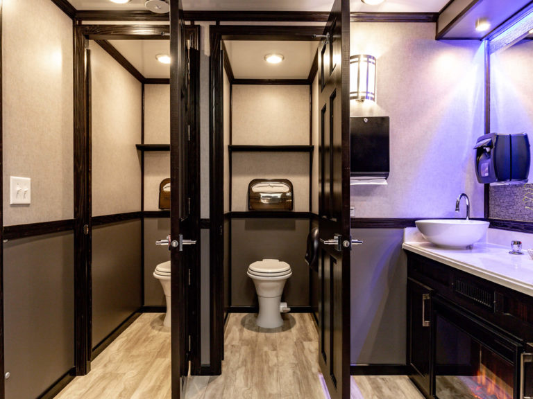 10-Station Luxury Restroom Trailer for rent from Major Event Trailers in Ventura, CA. - Woman's Restroom Stalls