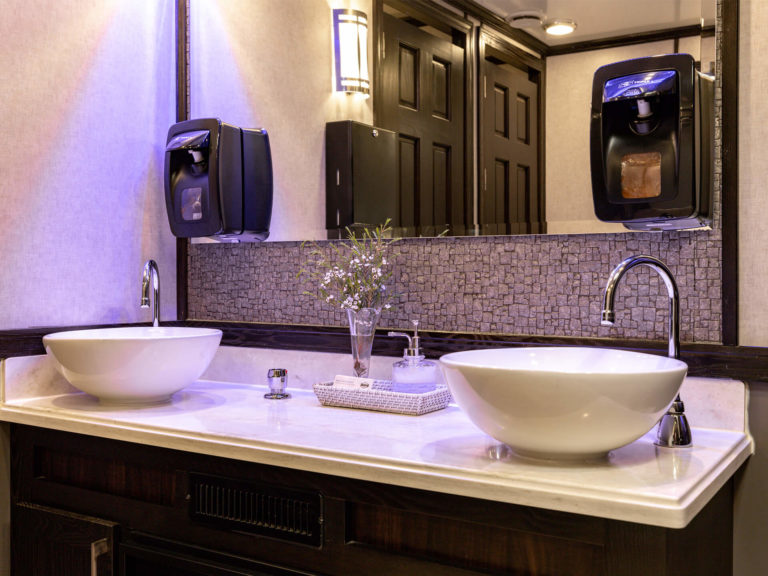 10-Station Luxury Restroom Trailer for rent from Major Event Trailers in Ventura, CA. - Woman's Restroom Sinks
