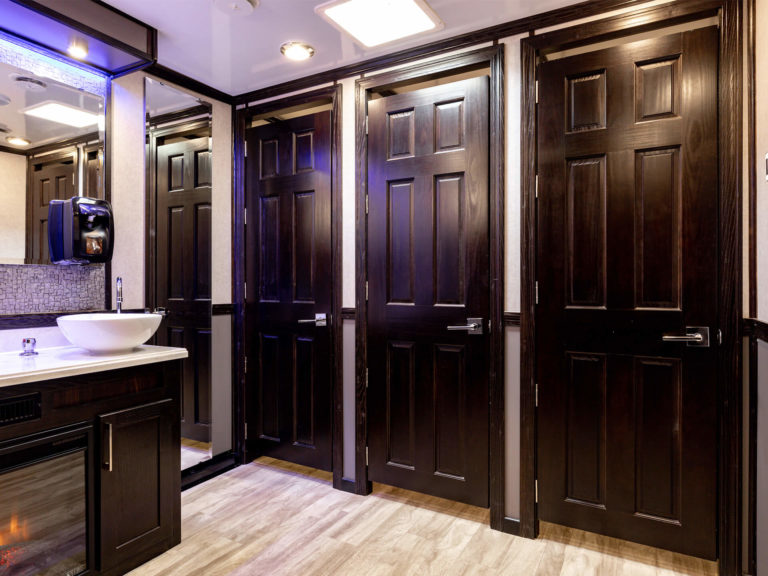 10-Station Luxury Restroom Trailer for rent from Major Event Trailers in Ventura, CA. - Woman’s Restroom Stalls