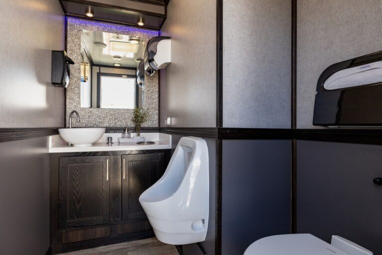 3-Station Luxury Restroom Trailer for rent from Major Event Trailers in Ventura, CA. - Interior View 1
