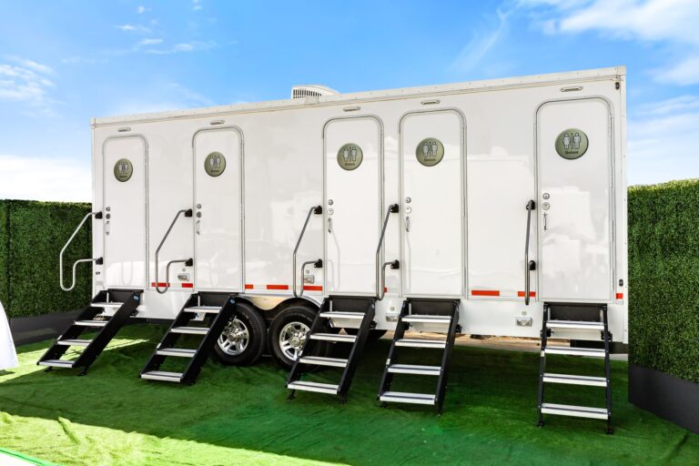 5-Station Luxury Restroom Trailer for rent from Major Event Trailers in Ventura, CA. - Exterior 3/4 View 1
