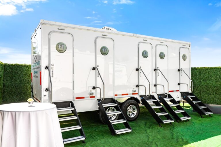 5-Station Luxury Restroom Trailer for rent from Major Event Trailers in Ventura, CA. - Exterior Rear 3/4 View