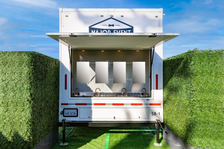 8-Station Mobile Shower Trailer for rent from Major Event Trailers in Ventura, CA. - Exterior Hand Washing Station