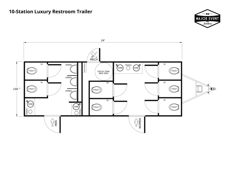 10-Station Luxury Restroom Trailer for rent from Major Event Trailers in Ventura, CA. - Trailer Diagram View