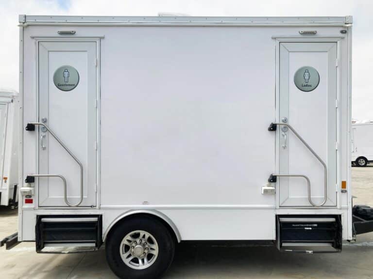 2-Station Luxury Restroom Trailer for rent from Major Event Trailers in Ventura, CA. - Exterior Side View