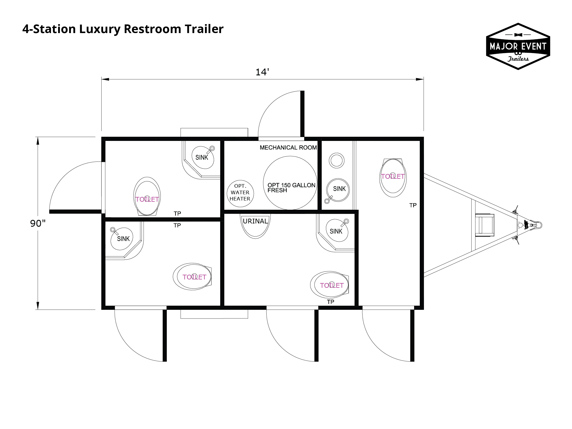4-Station Luxury Restroom Trailer – Trailer Diagram View