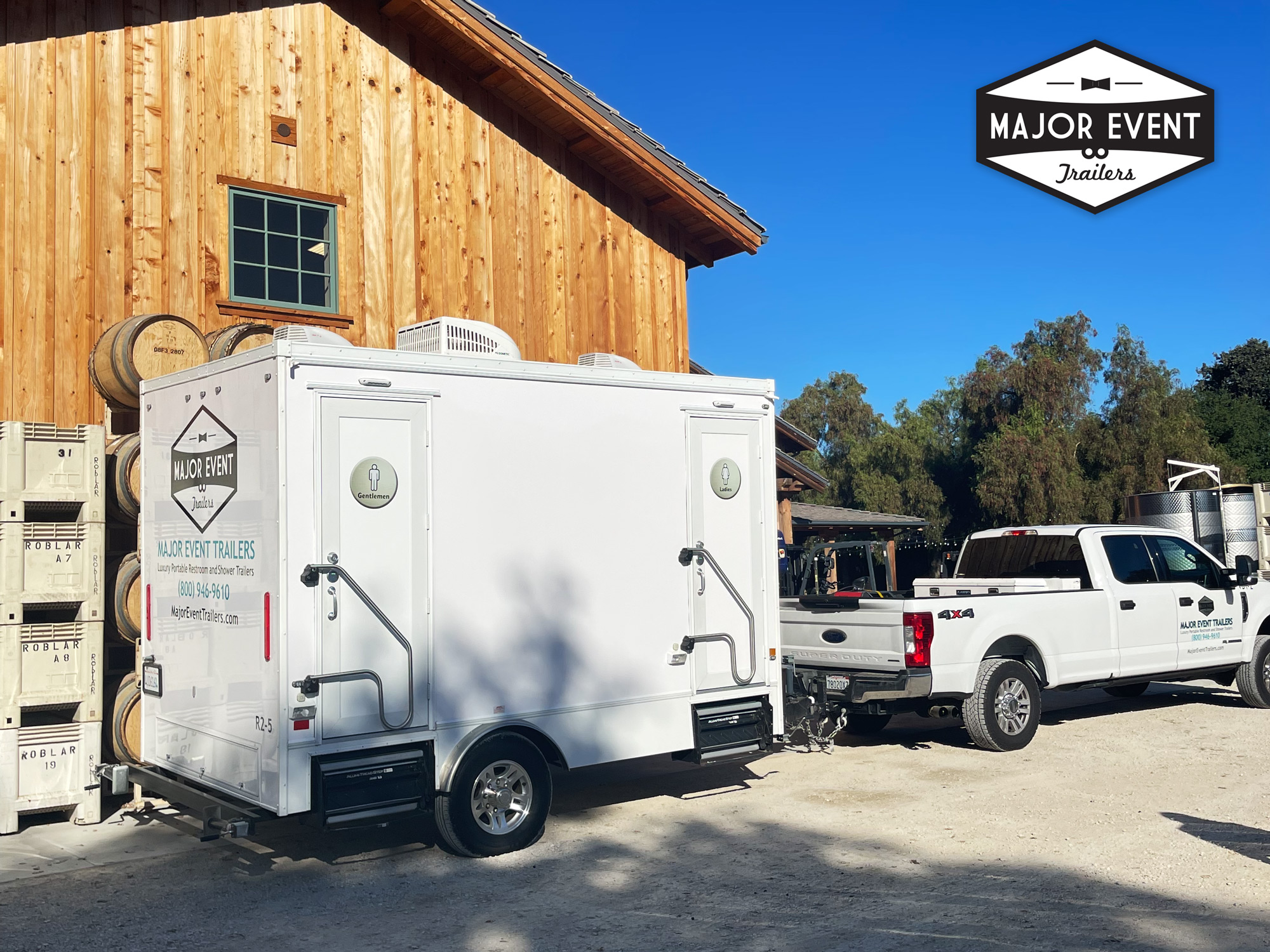 2-Stall wedding restroom trailer at a winery in Santa Ynez.