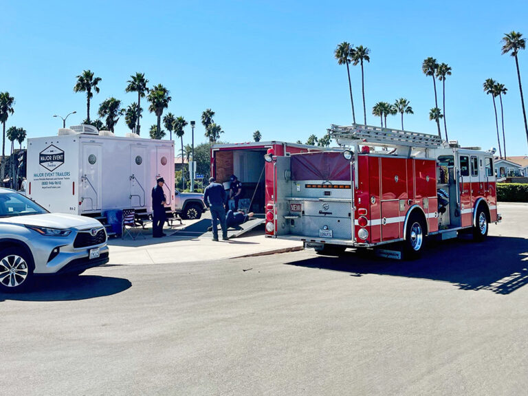Emergency response restroom trailer exterior view in use by the fire department