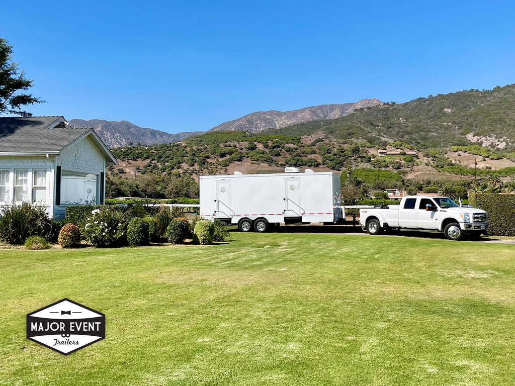 Santa Barbara 2 Major Event Trailers delivering a 10-Station Luxury Restroom Trailer to the Santa Barbara Polo Club Event.