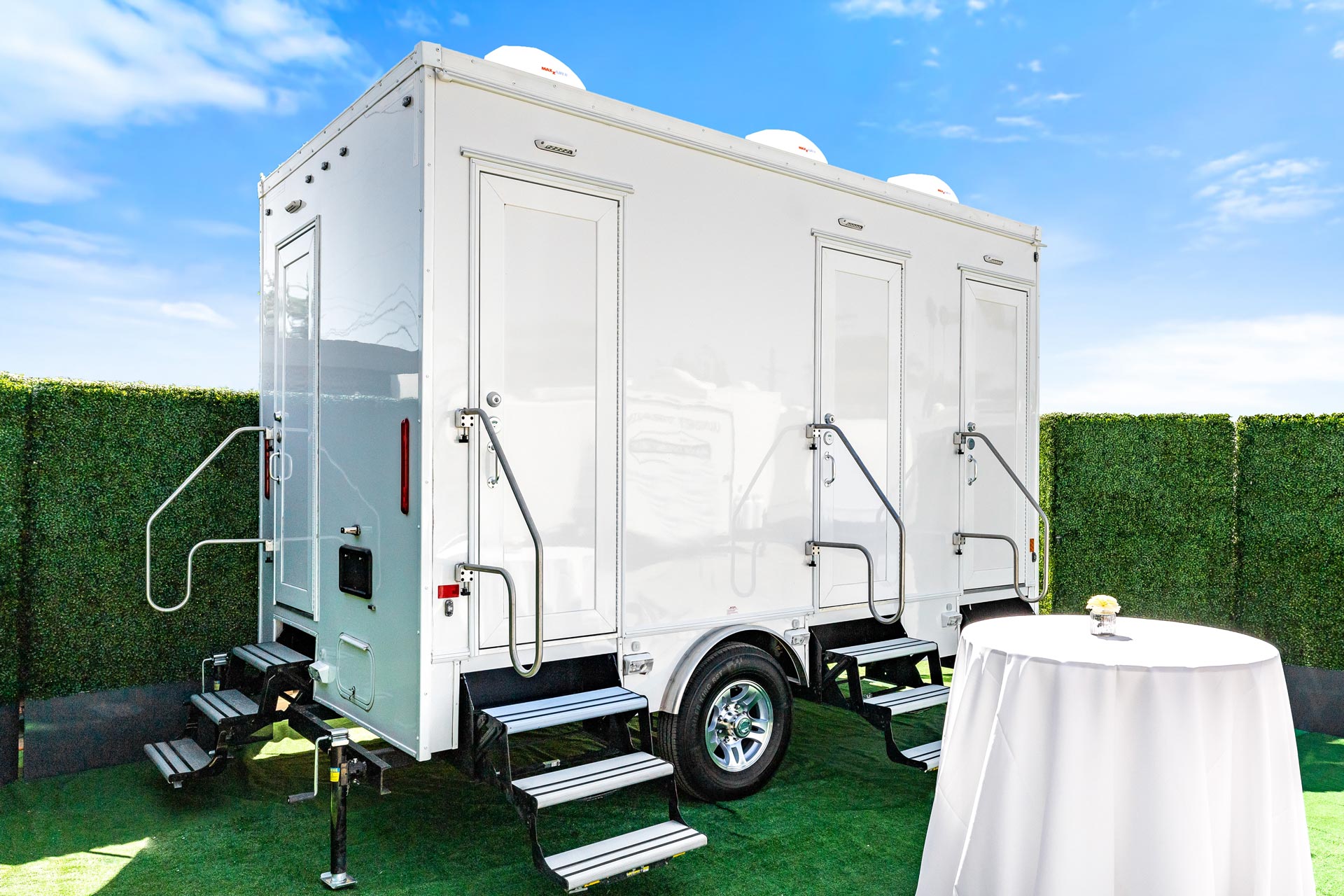 Home New 3 Exterior view of 4 Stall Luxury Restroom Trailer from Major Event Trailers.