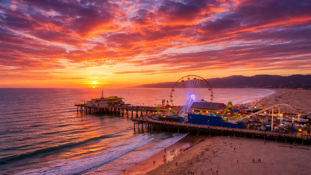 Scenic view of Santa Monica, CA near the pier at sunset for local events