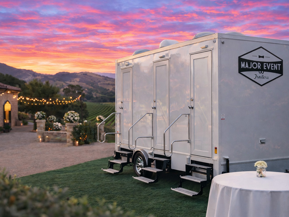 Luxury restroom trailer for a vineyard wedding in Santa Ynez, California by Major Event Trailers