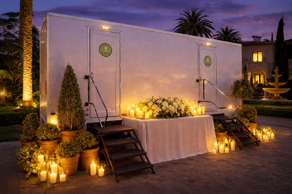 Luxury 10-stall restroom trailer at an upscale Beverly Hills wedding with elegant lighting and decor.