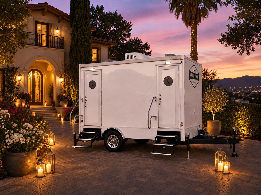 Luxury restroom trailer set up for a private event at an upscale Glendale residence with elegant outdoor lighting and guest amenities.