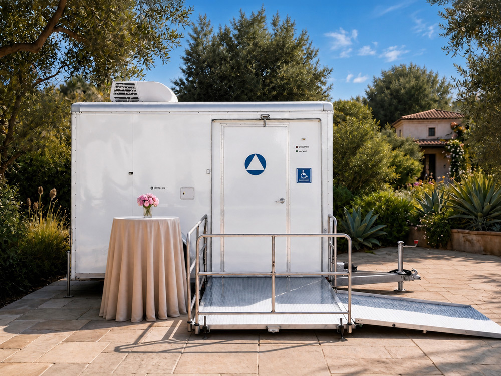 Santa Barbara 7 Major Event Trailers 1-stall ADA-compliant restroom and shower trailer with wheelchair-accessible ramp at an outdoor venue