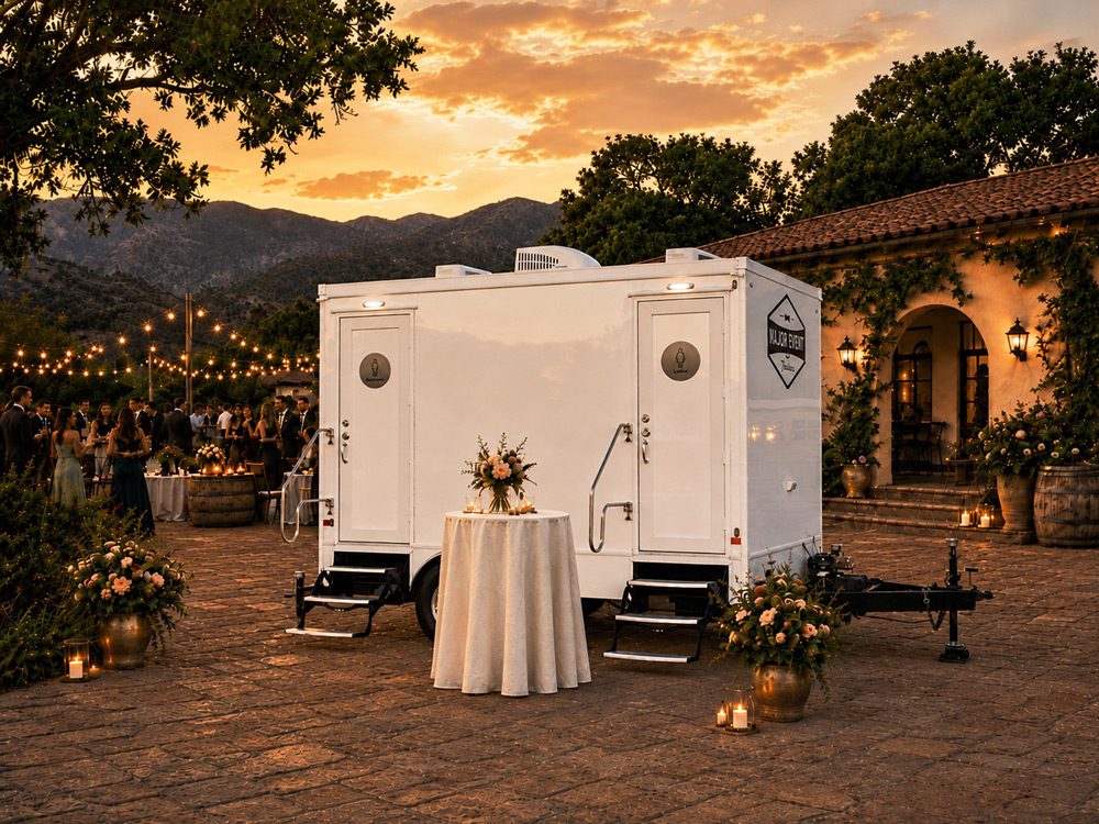 Luxury restroom trailer rental at an estate wedding in Ojai, CA from Major Event Trailers.